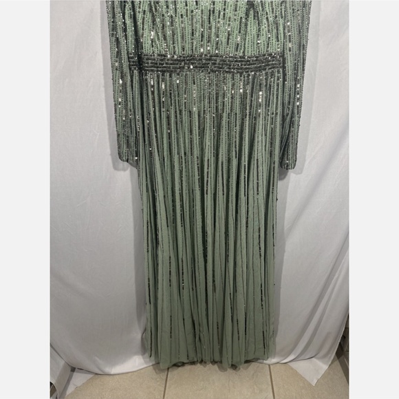 NEW $598 Mac Duggal [ 16 ] Sequined Illusion Long Sleeve A-line Gown‎ Sage Green - Picture 9 of 14